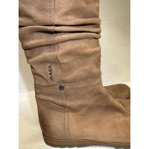 Prada Sport Women's Brown Slouchy Suede Mid Calf Flat Pull On Boots Size 38/US7 - Picture 7 of 10